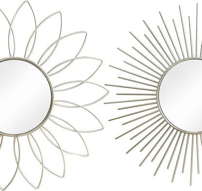 3 Pack Metal Mirrors for Wall Sunburst Wall Mirrors Home Décor Decorative Hanging Wall Art for Living Room Bedroom Entryway (Silver2, Flower+Sunburst)