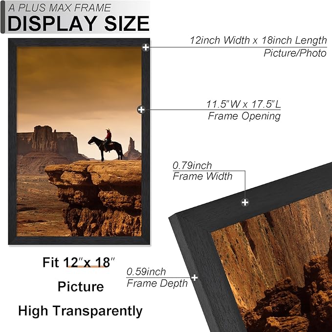 A PLUS MAX 12x18 Picture Frame Set of 6, Engineered Wood Frame Display Photo 11x17 with Mat or 12 x 18 without Mat, 12by18 Frame with Black Wood Grain for Wall - 6 Pack/Black/12 x18