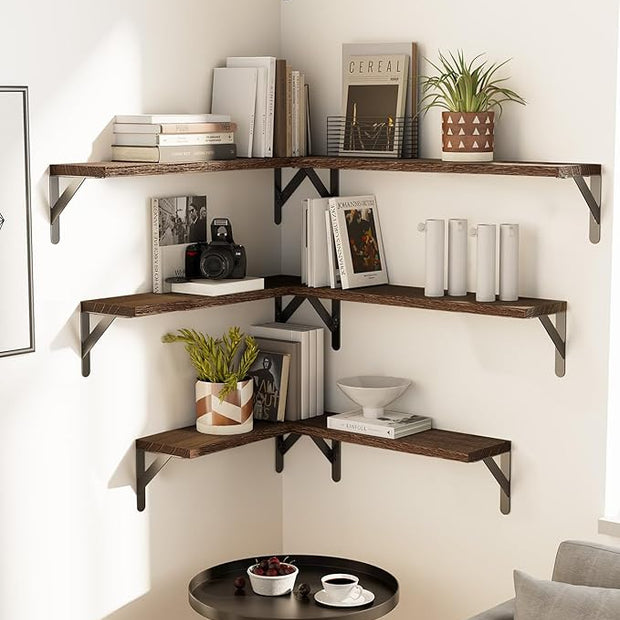 AMADA HOMEFURNISHING Long Wall Shelves, Rustic Farmhouse Style, Wood Floating Shelves for Wall Decor, Bathroom & Bedroom Storage, Living Room Book Shelves, Brown - 6pcs