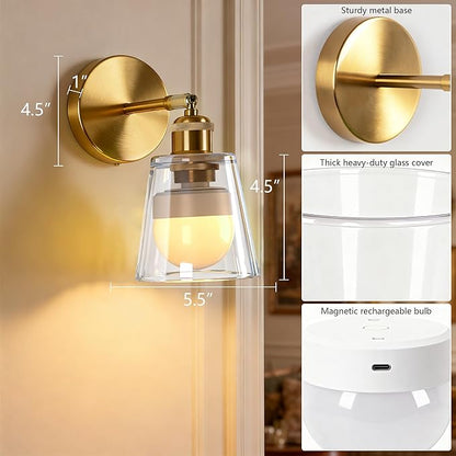 Vintage Battery Operated Wall Sconce with Transparent Minimalist Glass Lampshade Rechargeable Battery Powered Wall Light with Remote Control for Bedside Bedroom Bathroom, Set of 2