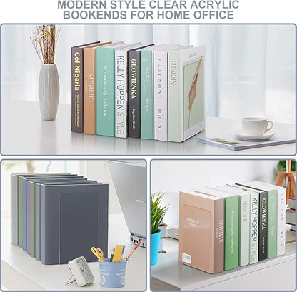 VFINE Bookends 4 Pieces, Acrylic Book End Clear Bookends for Shelves Decorative Bookend Non-Skid Book Ends Book Holders Book Organizer for Home Office School Supplies