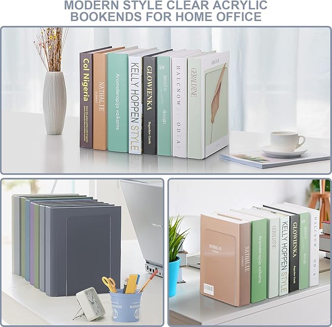 VFINE Bookends 4 Pieces, Acrylic Book End Clear Bookends for Shelves Decorative Bookend Non-Skid Book Ends Book Holders Book Organizer for Home Office School Supplies