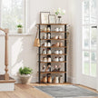 HOOBRO 8 Tiers Vertical Shoe Rack, Wooden Shoe Storage Organizer with Hooks, Narrow Shoe Tower for 16 Pairs, Space Saving, for Entryway, Living Room, Bedroom, Rustic Brown BF750XJ01