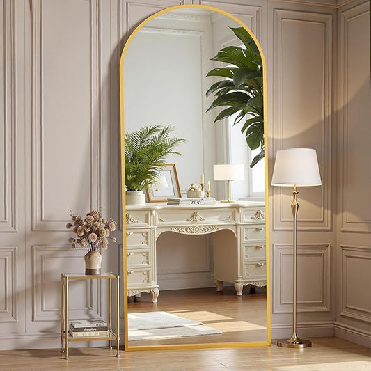 OLIXIS Arched Full Length Mirror for Bedroom, 65"x24" Full Body Mirror with Stand, Hanging or Leaning for Wall, Aluminum Alloy Thin Frame Floor Standing for Living Room, Long, Gold