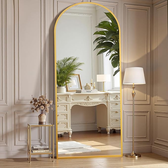 OLIXIS Arched Full Length Mirror for Bedroom, 65"x24" Full Body Mirror with Stand, Hanging or Leaning for Wall, Aluminum Alloy Thin Frame Floor Standing for Living Room, Long, Gold