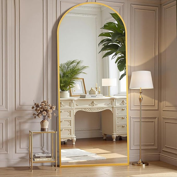 OLIXIS 64"x 21.5" Arched Mirror Full Length, Full Body Mirror with Stand, Hanging or Leaning for Wall, Floor Standing with Shatter-Proof Glass for Bedroom, Living Room, Long, Gold