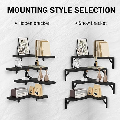 Muzilife Corner Floating Shelves Wooden Floating Shelve Set of 4, Wall Mounted for Storage, L-Shaped Shelves for Wall Decor Organizer for Bedroom, Bathroom, Kitchen, Living Room and Office, Black