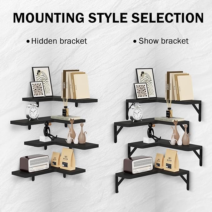 Muzilife Corner Floating Shelves Wooden Floating Shelve Set of 4, Wall Mounted for Storage, L-Shaped Shelves for Wall Decor Organizer for Bedroom, Bathroom, Kitchen, Living Room and Office, Black