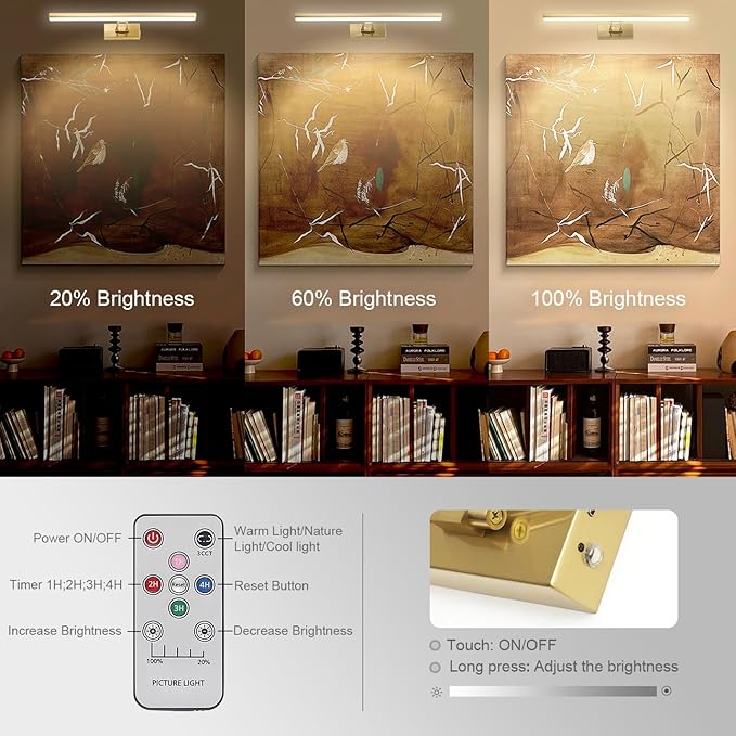 Picture Light, 16 inches Art Light, Picture Light Battery Operated,3CCT Picture Lights for Wall,Battery Operated Wall Lights,Gallery Light for Wall,Photo,Library (Plating Brass Gold)