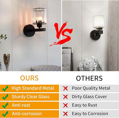 TISLYCO Black Wall Sconces Set of 2, Bathroom Wall Lighting Fixtures Over Mirror, Vanity Light, Modern Glass Shade Wall Lamp Black Indoor Decor for Bedroom Living Room Entryway