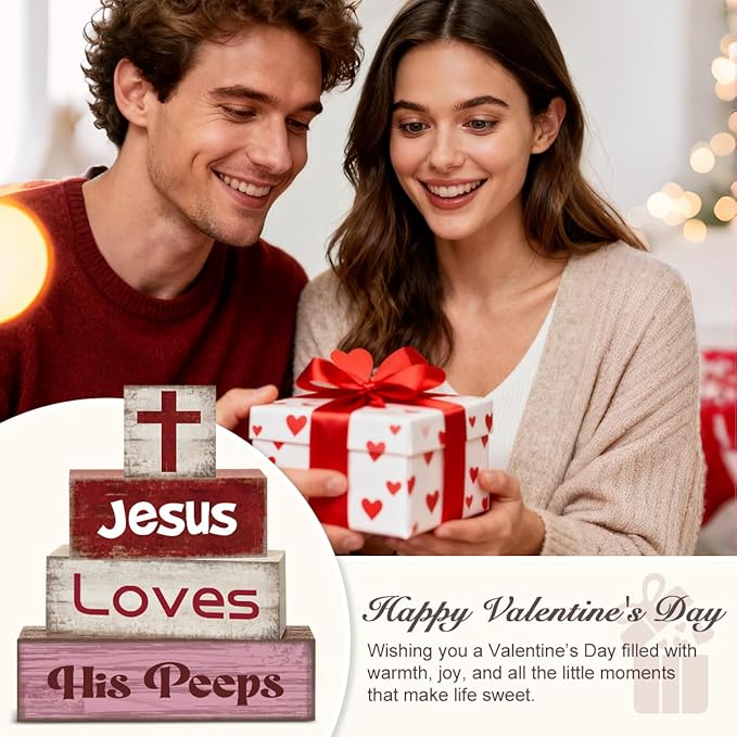 4 Pcs Christian Jesus Decorations for Home Religious Tiered Tray Decor Jesus Loves His Peeps Sign Rustic Farmhouse Decor for Home Office Kitchen Shelf Tabletop Centerpieces