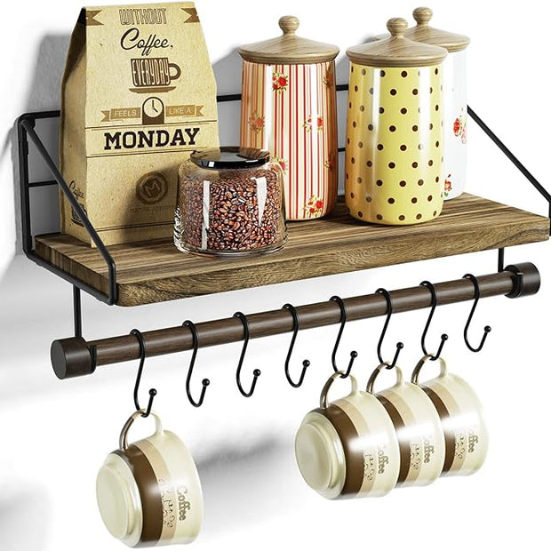 Alsonerbay Floating Shelves Wood Shelves for Wall, Rustic Wood Kitchen Shelf with Towel Bar and 8 Removable Hooks for Hanging Cooking Utensils or Mugs