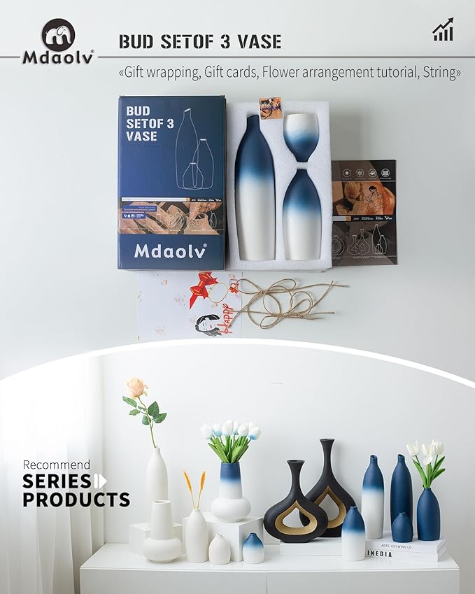 Blue and White Vase Set Navy Blue Decor Coastal Decor Vases for Kitchen Island Living Room Office Table Fireplace Mantle Decorations & Bathroom Shelf Decor Centerpiece Table Decorations Ceramic