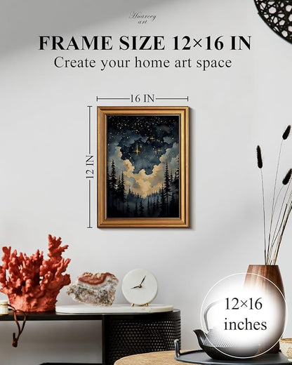 HUARCEY Gold Framed Canvas Wall Art, Celestial Stars Night Picture Decor, Living Room Bedroom Dark Landscape Nature Art, Sky Forest Vintage Canvas Paintings, 12x16inch