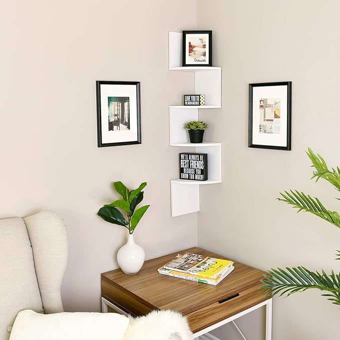 WELLAND White Finished Floating Shelf,Zig Zag 4 Tiers Corner Wall Mounted Shelf