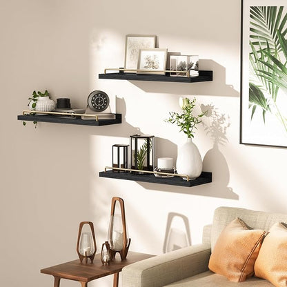 Floating Shelves for Wall Decor, Black and Gold Shelves for Bathroom, Living Room, Bedroom, Picture Frames, Plants, Kitchen (Set of 3)