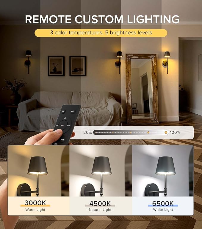 UME Wireless Sconces Set of 2 with Remote, 5200mAh Battery Powered Sconces - Small Rechargeable Sconces w/ 3 Color Temps & 5 Brightness Levels for Bedroom, Living Room, Wall Painting, Cafe (Black)
