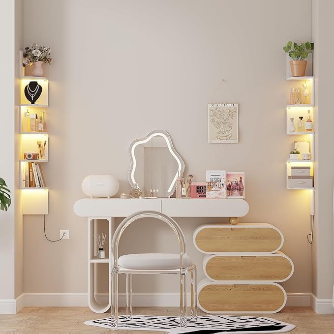 Corner Shelf Wall Mount with LED Light, 5 Tier Floating Corner Shelves, Plant Shelf for Bedroom, Floating Shelves for Wall, Display Stand for Living Room, Bathroom, Home Office, White