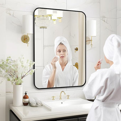 Fabuday Black Bathroom Mirror for Over Sink - 22x30 Matte Metal Framed Wall Mirror, Rounded Rectangular Vanity Mirrors for Living Room, Bedroom, Entryway, Hallway, Horizontally/Vertically
