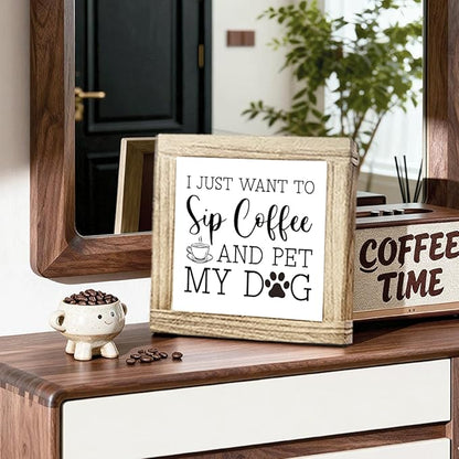 Wood Coffee Sign I Just Want To Sip Coffee And Pet My Dog Funny Coffees Wooden Block Sign Square Handmade Coffees Plaque For Kitchen Office Bar Decor Wooden Cafe Bar Decor Signs 5.9x5.9 inches