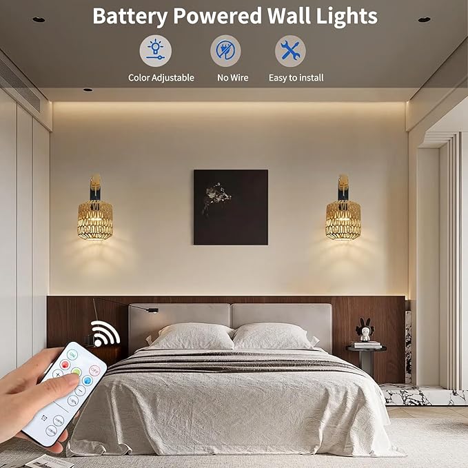 Battery Operated Wall Sconce Set of Two, Rattan Wall Sconces with Remote RGB 15 Colors Dimmable, Farmhouse Boho Wall Lights for Bedroom Living Room Entryway