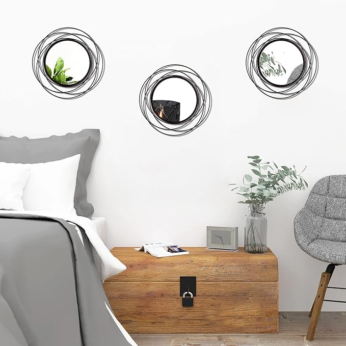 3 Set 9.5 Inch Black Circle Mirrors Wall Decor Iron Frame Wire Mirror Metal Circular Mirror Home Decor Hanging Mirrors for Room/Bedroom/Bathroom/Entryway