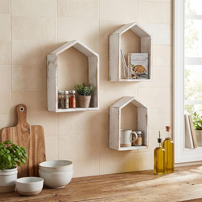 3 Set Wall Shelf 9.8 x 7.1 Inch Wooden Hanging Shelf Deep Display Storage Shelves Floating Shelves for Home Office Room Mini Figures Potted Plants Wall Decor (House,White)