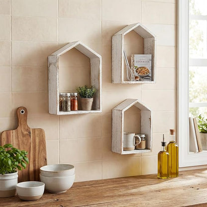 3 Set Wall Shelf 9.8 x 7.1 Inch Wooden Hanging Shelf Deep Display Storage Shelves Floating Shelves for Home Office Room Mini Figures Potted Plants Wall Decor (House,White)