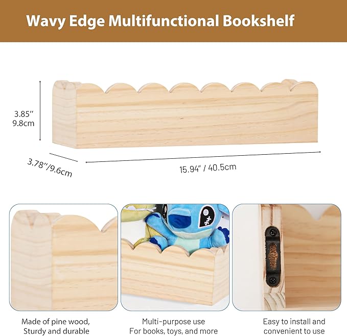 Wood Floating Shelves for Wall,Nursery Bookshelf,Kids Book Shelf,Baby Toys Storage Decor Organizer Wall Mounted for Living Room Bedroom,Wavy Edge,Preassembled,4 Pack,Scalloped Pine(Natural Wood)
