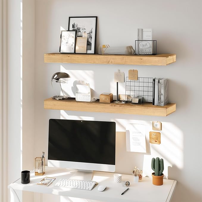 36x6.8x2 Inch Rustic Floating Shelves for Wall Set of 2 - Oak Solid Wood Wall Mounted Shelves with Invisible Bracket, Extended Design for Farmhouse Living Room Bedroom Kitchen Decor