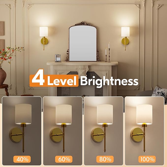 NIORSUN 15 inch Battery Operated Wall Sconce Set of 2, Gold Wireless Rechargeable Wall Lights with 5200mAh Dimmable Detachable Bulbs and Remote, 9 Colors Sconces Wall Decor for Bedroom Living Room