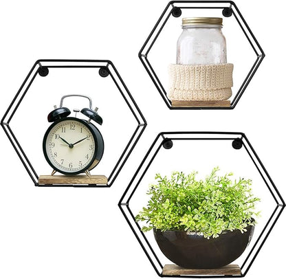Greenco Geometric Hexagon Shaped Floating Shelves, Honeycomb Shelves, Home Decor, Metal Wire and Rustic Wood Wall Storage Shelves for Bedroom, Living Room, Bathroom, Kitchen and Office – Set of 3