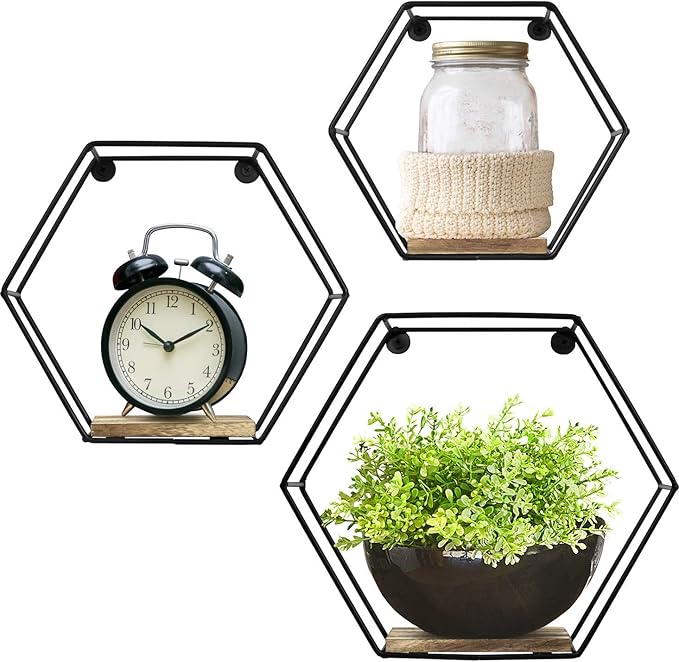 Greenco Geometric Hexagon Shaped Floating Shelves, Honeycomb Shelves, Home Decor, Metal Wire and Rustic Wood Wall Storage Shelves for Bedroom, Living Room, Bathroom, Kitchen and Office – Set of 3