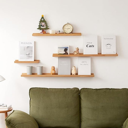 Natural Oak Wood Wall Shelves - Floating Shelf, 12 Inch, Display Picture Ledge, Bedroom, Living Room, Bathroom, Office, Kitchen Storage