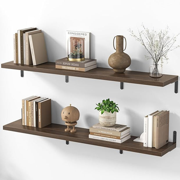 Marsmiles Extra Wide Floating Shelves for Wall, 48x8 Inch Natural Wood Grain Bookshelves, Heavy Duty Mounted Shelving for Bathroom, Kitchen, Living Room, Bedroom,Set of 2，Walnut