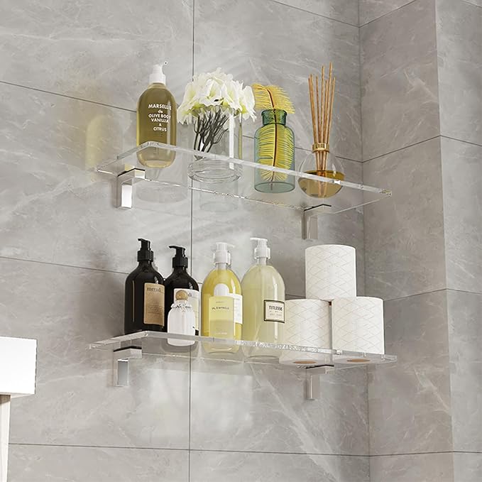 Clear Acrylic Shelf, Set of 2 Invisible Wall Shelves Wall Mounted Display Shelf, Floating Shelves for Bathroom, Bedroom, Living Room, Kitchen, Office (15.7 Inch Set of 2)