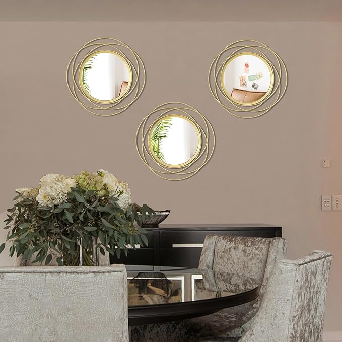 Cityelf 3 Set 13 Inch Gold Circle Mirrors Wall Decor Iron Frame Wire Mirror Metal Circular Mirror Home Decor Hanging Mirrors for Room/Bedroom/Bathroom/Entryway
