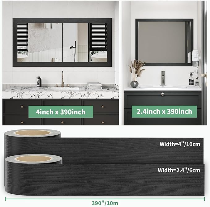 10M Peel and Stick Wallpaper Borders 390” x 2.36” Self Adhesive Mirror Frame Border Wood Grain DIY for Kitchen Bathroom Mirror Removal Border Sticker Wall Decor Cover 6.4 Sq.Ft, Black Wood