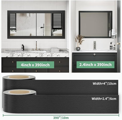 10M Peel and Stick Wallpaper Borders 390” x 2.36” Self Adhesive Mirror Frame Border Wood Grain DIY for Kitchen Bathroom Mirror Removal Border Sticker Wall Decor Cover 6.4 Sq.Ft, Black Wood