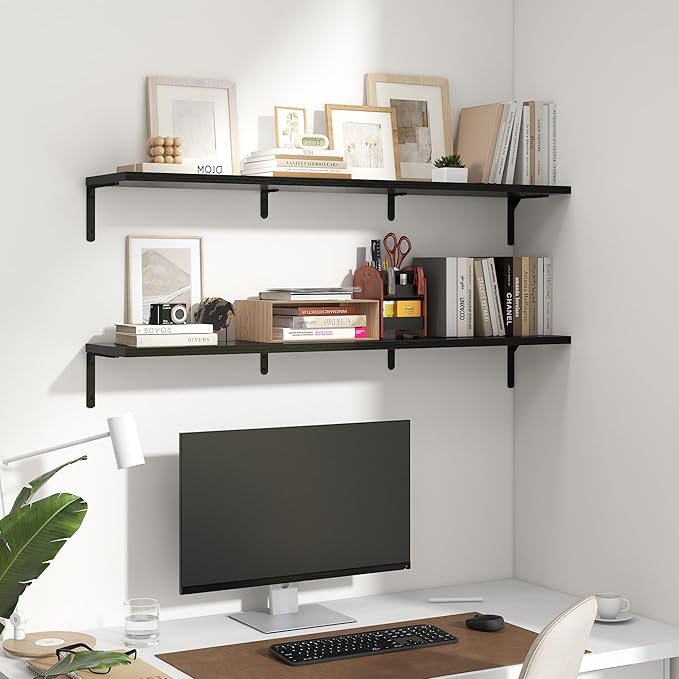 Fun Memories Deep Floating Shelves, 48W x 8D Floating Shelves Set of 2, Wall Mounted Shelf with Metal Brackets, Rustic Wood Wall Shelf for Bathroom, Kitchen and Living Room, Black