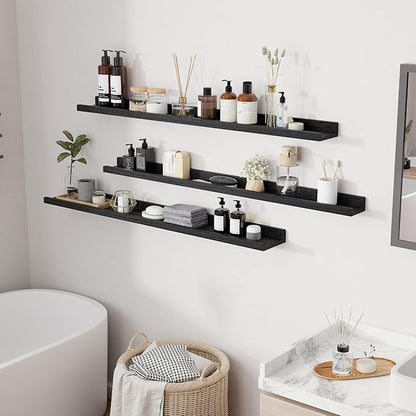 RICHFOCUS Floating Shelves for Wall, 48 inch Solid Wood Picture Ledge Shelf for Wall Storage, Nursery Book Shelves with Lip for Living Room Bathroom Bedroom Kitchen, Set of 3, Distressed Black