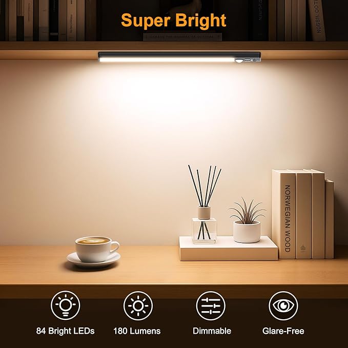 Gritin 10.2inch Under Cabinet Lighting Rechargeable 2 Pack- 3 Color Temps&5 Level Brightness, Super Bright, 4 Modes, Motion Sensor, Long Lasting - Easy Installation Magnetic Under Closet Lights-Black