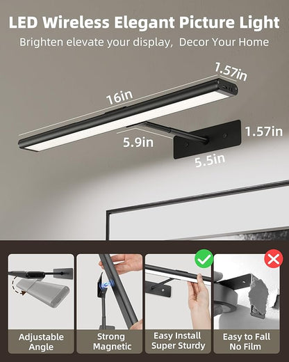 EZVALO Picture Light for Wall, 4800mAh Rechargeable Wireless Battery Lights for Painting, 16In Dimmable Magnetic LED RGB Art Display Light, Colors Temperatures, for Gallery, Living Room, Hallway