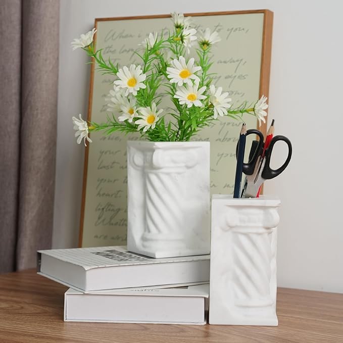Decorative Roman Column Book Ends & Vase - Heavy Duty Marble Book Ends for Heavy Books, Vintage Home Office Decor, Dual Use as Flower Vase, Natural Stone Bookends for Shelves (2PC, White)