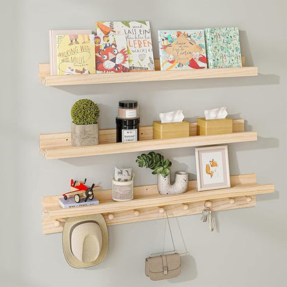 MBYD Natural Wood Shelf with Hooks, Floating Shelves for Wall Bathroom Shelves, Wall Mounted Nursery Bookshelf for Kids Room, Toy Storage Shelf for Bedroom Picture Ledge Shelves (Natural, 36 Inch)