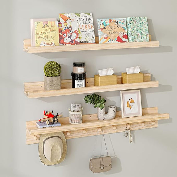 MBYD Natural Wood Shelf with Hooks, Floating Shelves for Wall Bathroom Shelves, Wall Mounted Nursery Bookshelf for Kids Room, Toy Storage Shelf for Bedroom Picture Ledge Shelves (Natural, 36 Inch)