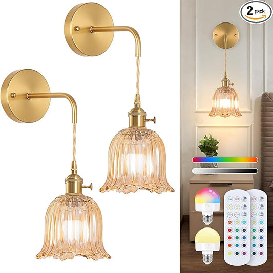 Battery Operated Wall Sconce Rechargeable,Wireless Wall Lamp with Adjustable Chain Retro Set of 2, Wall Light 12 Colors RGB with Dimmable Remote, Indoor Wall Lamp for Living Room Bedroom