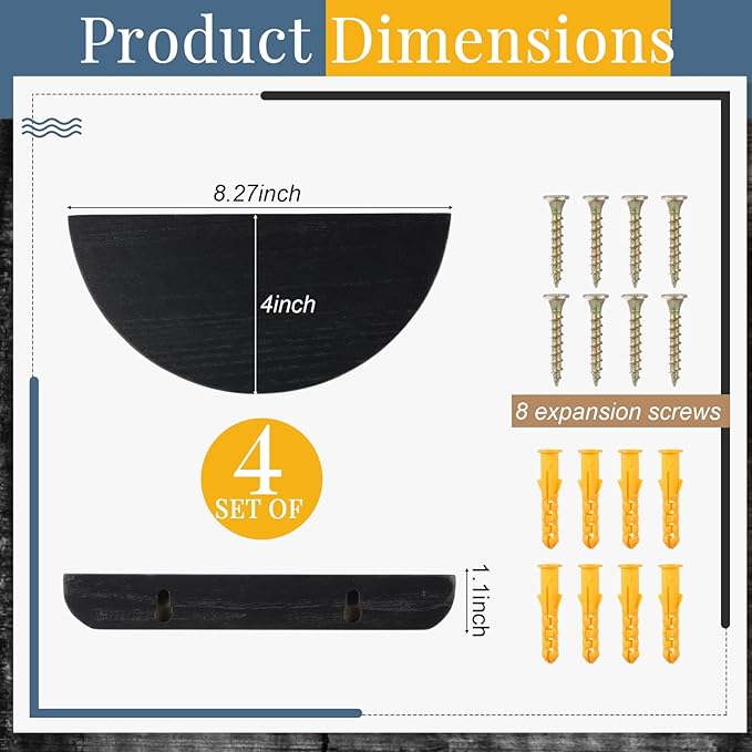 4 Pcs Solid Wood Half Round Floating Wall Shelves, Elegant Floating Wooden Shelves, 8.27 Inch Wall Shelf for Living Room, Bathroom, Bedroom, Offices, Pictures Plant Book (Black)