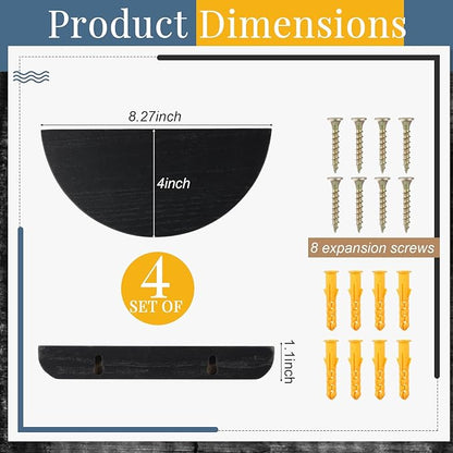 4 Pcs Solid Wood Half Round Floating Wall Shelves, Elegant Floating Wooden Shelves, 8.27 Inch Wall Shelf for Living Room, Bathroom, Bedroom, Offices, Pictures Plant Book (Black)