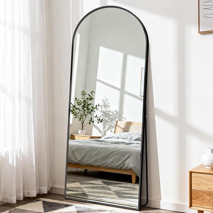 DUMOS Arched Full Length Mirror with Stand Floor Standing Aluminum Frame for Bedroom Body Hanging Leaning Modern Simple Home Decor Shatter-Proorf Nano Glass Wall Living Room Cloakroom Black 65
